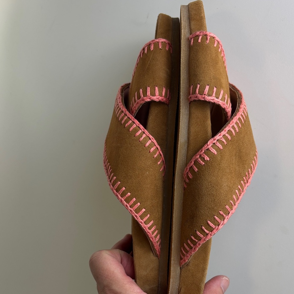 Laidback London Women's Brown Suede Crisscross Sandals with Pink Stitching NWOT - Picture 6 of 9